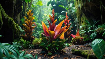 Obraz premium Tropical rainforest scene with vibrant exotic plants and foliage in misty environment, showcasing rich colors and textures.