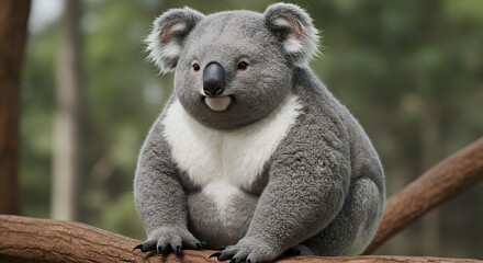 Naklejka premium Cute Koala Sitting on Branch with Eucalyptus Trees in Background