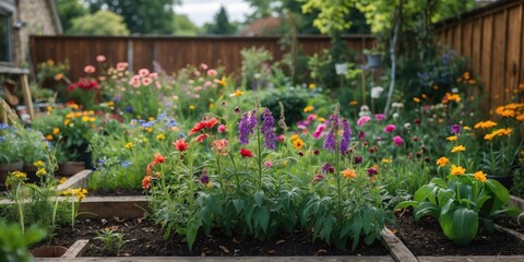 Vibrant flower garden with colorful blooms and well-maintained flowerbeds during sunny day in residential backyard setting