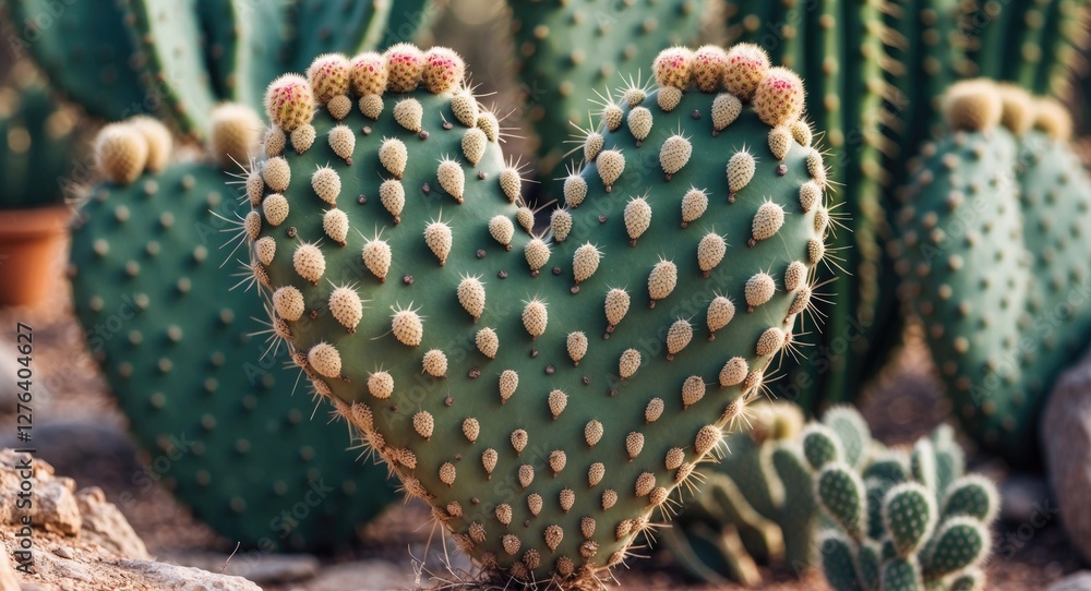 Poster cactus shaped like a heart surrounded by various other cacti in a desert setting with rocky ground a