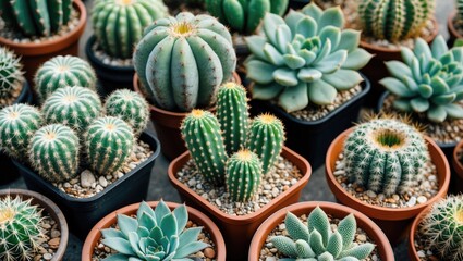 Fototapeta premium assorted cacti and succulent plants in clay pots arranged on a surface with decorative gravel