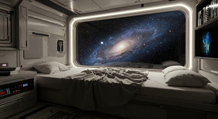 Futuristic Bedroom with a View of Galaxy for Sleep and Dreams