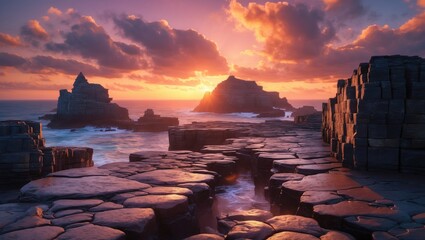 Sunset over rocky coastline with dramatic clouds and ocean waves creating reflections on stone formations