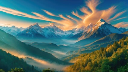 Obraz premium Majestic mountain landscape with dramatic clouds and lush green hills under a colorful sky during sunset