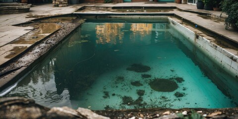 abandoned swimming pool with clear water and debris on the bottom surrounded by stone patio and overgrown vegetation
