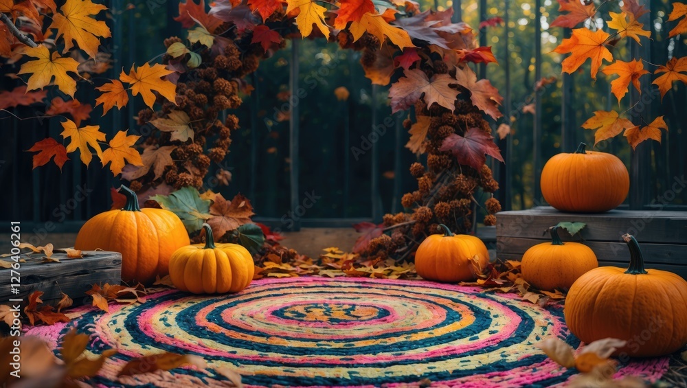 Aufkleber autumn scene with pumpkins and colorful leaves arranged around a circular rug in a garden setting wi