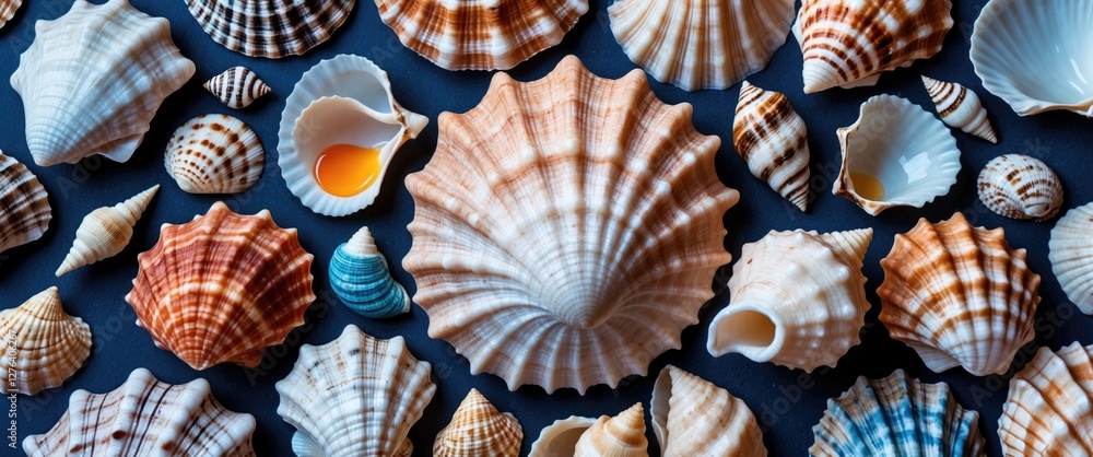 Poster collection of various seashells on dark background displayed in diverse shapes and colors arranged a