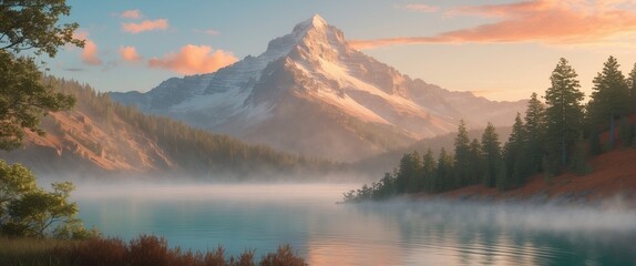 Mountain landscape at dawn with mist over calm lake and pine trees reflecting in water under colorful sky
