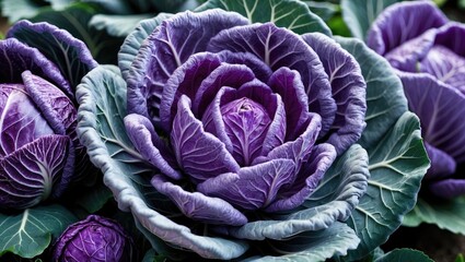Obraz premium Purple cabbage blooms with detailed texture and vibrant colors against a blurred green background in a garden setting.