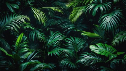 Dense tropical foliage background with various shades of green leaves creating a rich natural texture and depth.