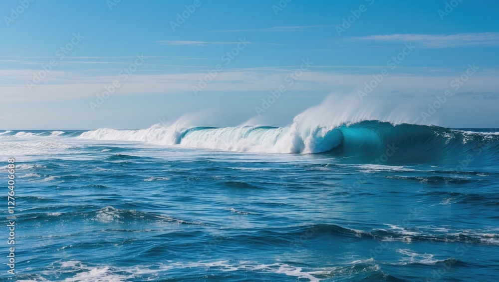 Poster large ocean waves breaking under a clear blue sky with soft white clouds in the background creating 