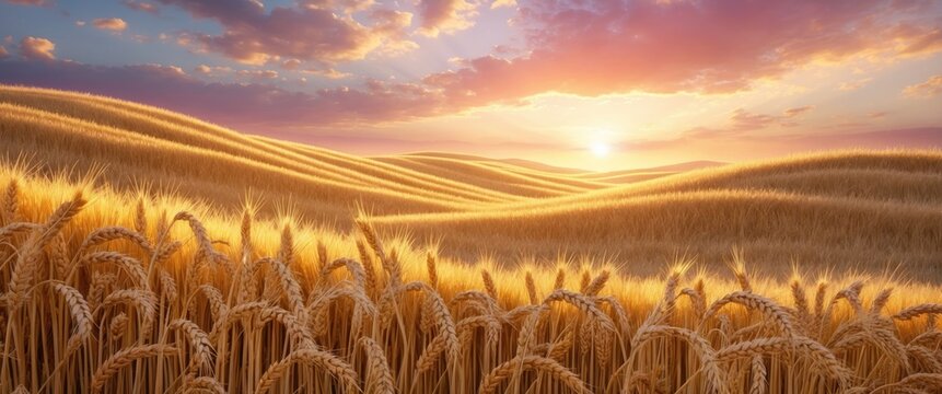 Golden wheat field landscape at sunset with rolling hills and dramatic clouds in the sky.