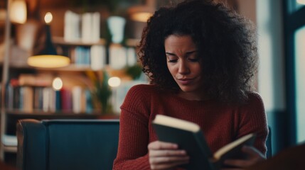 Social media rumors affecting a woman at a book club meeting. Featuring distraction and unease