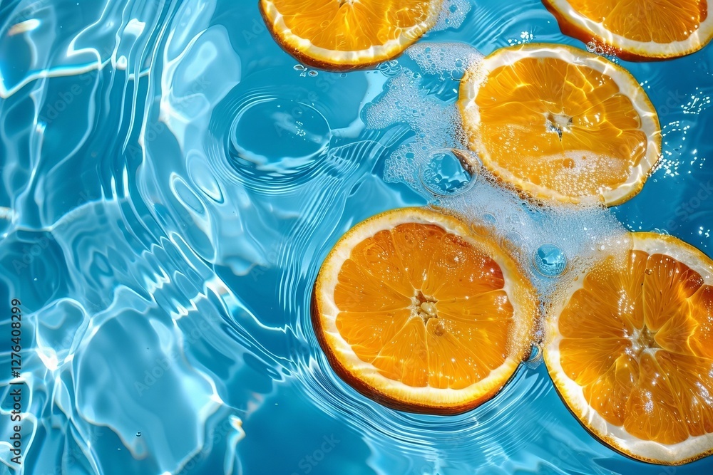 Poster refreshing summer vibe: orange fruit slices floating in crystal clear pool water. ample space for cu