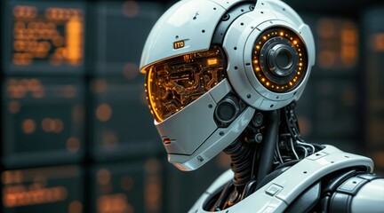 Fototapeta premium Futuristic AI Android, Detailed Close-Up of Mechanical Head, White and Metallic Grey Body with Glowing Orange-Yellow Circuitry, Cyberpunk and Sci-Fi Innovation, High-Tech Background