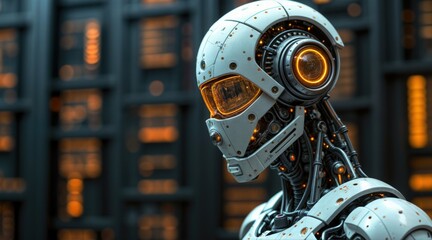 Fototapeta premium Advanced Cybernetic Robot with Glowing Orange Circuits, High-Tech Design, White and Metallic Grey Mechanical Details, Sci-Fi and Cyberpunk Style, Dark Futuristic Background