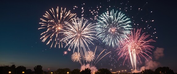 Colorful fireworks exploding in night sky over silhouetted landscape with vibrant bursts and smoke trails