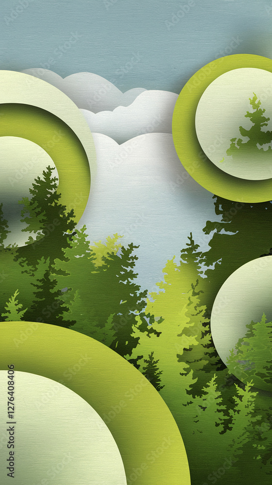 Poster a dynamic landscape with oversized overlapping circles in a stylized nature scene, featuring green t
