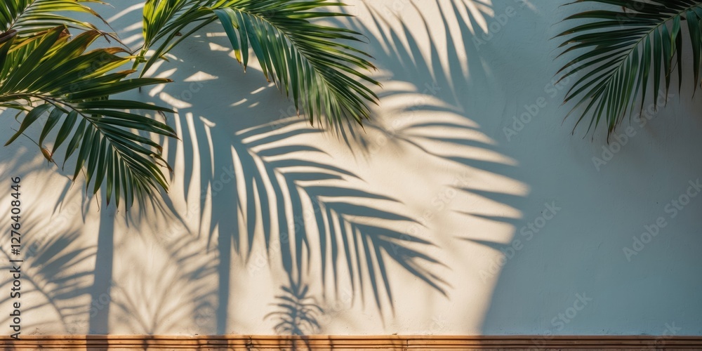Poster palm leaves casting shadows on a textured light wall in natural daylight creating intricate patterns