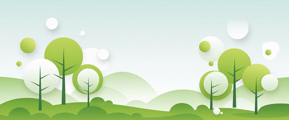 A minimalistic design featuring stylized trees and circles with a soft green color palette, representing nature, serenity, and tranquility in an abstract, modern style.