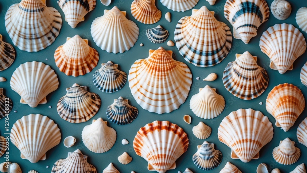 Poster variety of colorful seashells arranged on a blue surface displaying intricate patterns and textures 