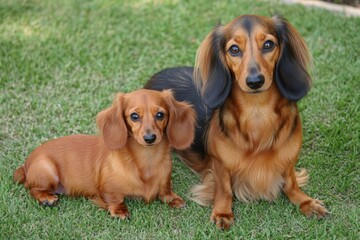 Two Dachshunds, grass background, garden, pets, friendship, animal portrait, stock photo