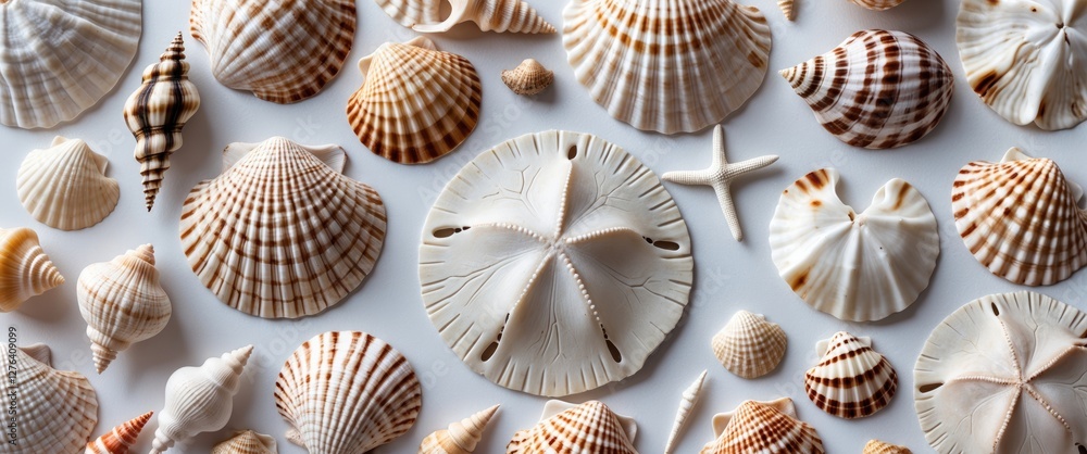 Aufkleber various assorted seashells arranged on a light background showcasing diverse shapes and textures