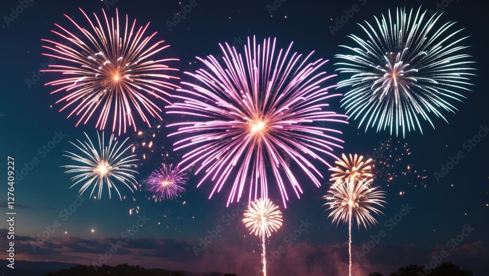 Poster colorful fireworks exploding in night sky display with various shapes and bright hues against a dark