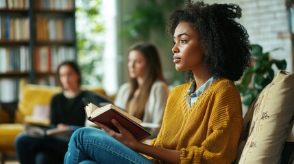 Social media rumors affecting a woman at a book club meeting. Featuring unease and distraction