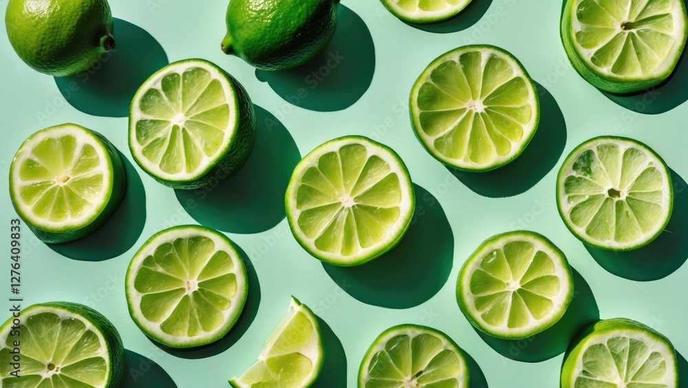 Poster Fresh limes and lime halves arranged on a green background with distinct shadows casting from each piece