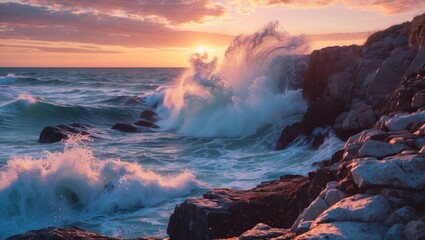 Fototapeta premium Waves crashing against rocky shoreline during colorful sunset with dramatic sky and ocean froth