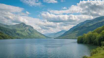 Mountain landscape with calm lake under blue sky and fluffy clouds in summer nature scenery