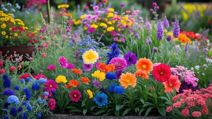 vibrant flower garden with a variety of colorful flowers including petunias marigolds and lavenders in full bloom during spring season