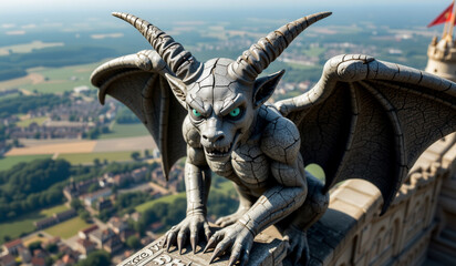a statue of a dragon on top of a building with a city in the background