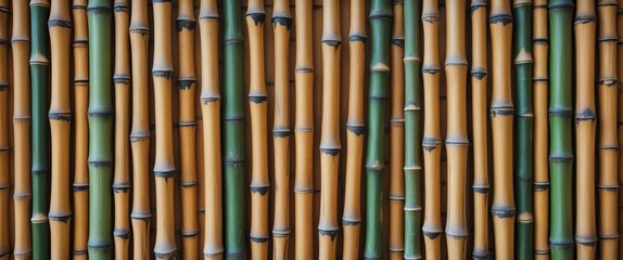 Fototapeta premium Bamboo stalks arranged vertically creating a textured background with various shades of green and yellow brown