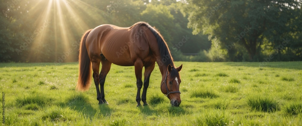 Poster brown horse grazing in a lush green field with sunlight filtering through trees creating a serene ru