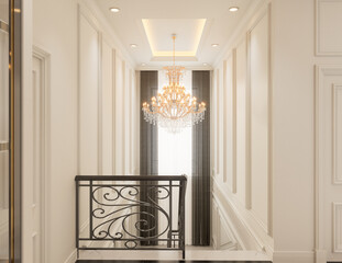 3D interior classic  style Elegant Crystal Chandelier in Grand Staircase and white walls with classic decor.