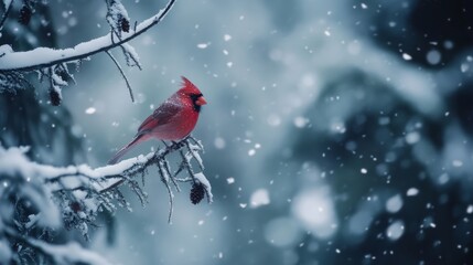 Cardinal In Winter: A Vibrant Red Bird Sits On A Snow-Covered Branch During A Gentle Snowfall. A Peaceful Winter Scene.