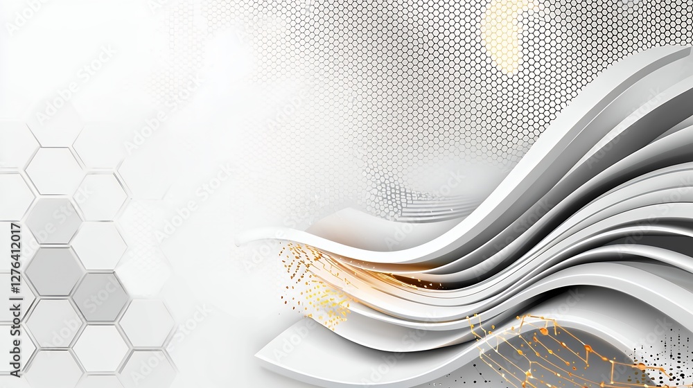 Poster abstract white wavy pattern with hexagonal accents and golden particle highlights