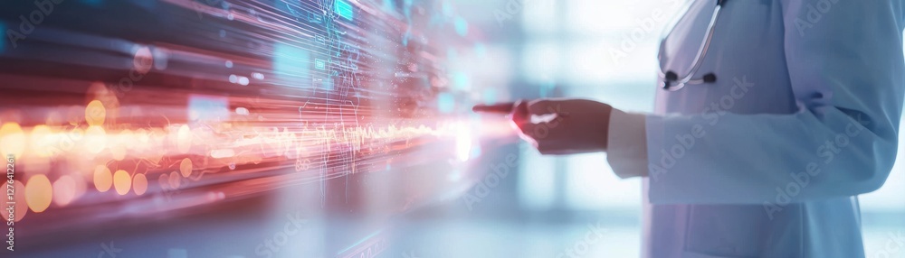 Poster a close-up of a hand interacting with a holographic interface, showcasing advanced technology with v