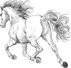 Graphic drawing of a horse in motion. A dynamic black and white illustration with a flowing mane and tail. Perfect for logos, prints, tattoos and art projects.