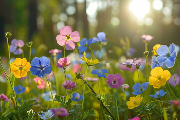Close-Up Shot of Vibrant Blooming Flowers with Fluttering Butterflies in Serene Forest Glade
