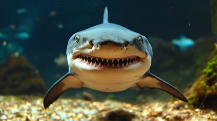 A shark giving a toothy, awkward smile, trying to look friendly but failing hilariously.