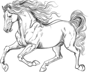 Black and white graphic illustration of a galloping horse. Realistic drawing that conveys the movement, strength and grace of the animal. Suitable for prints, logos, design and art projects.