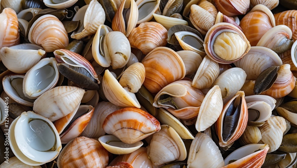 Poster various types of colorful seashells arranged in a dense cluster on a surface displaying natural text