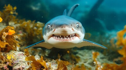 A shark giving a toothy, awkward smile, trying to look friendly but failing hilariously.
