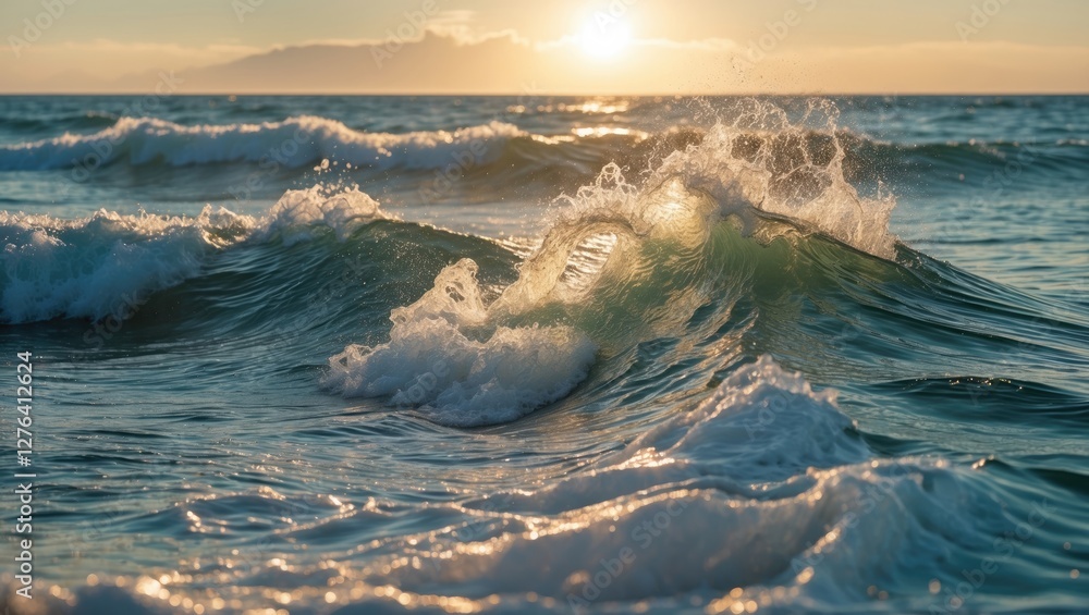 Poster ocean waves crashing at sunset with soft light reflecting on water surface and hint of distant land 