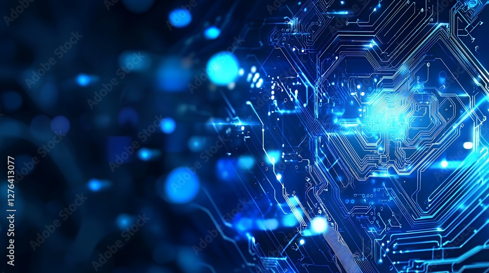 Poster blue lit circuit board pattern on dark backdrop for computer and tech industry