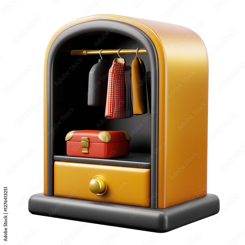 Poster a vibrant 3d model of a clothes rack displaying colorful garments and a red storage box. it features