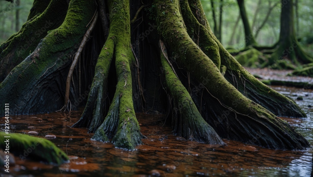 Poster tree roots covered in moss emerging from water in a forest setting with blurred background greenery.